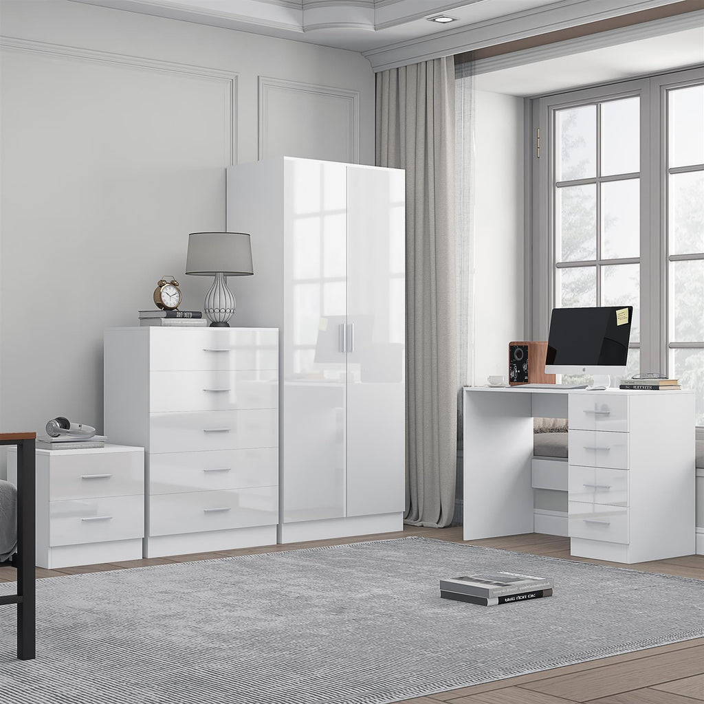 REFLECT Gloss 4pc Bedroom Set - 2 Door Wardrobe + 5 Draw Chest + Bedside + Desk