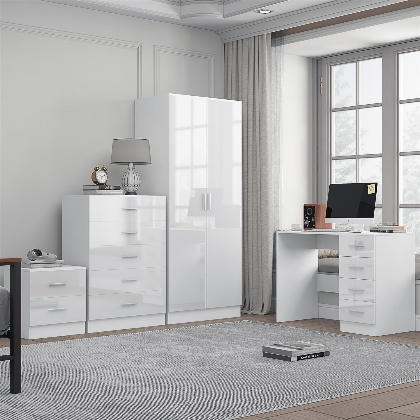 REFLECT Gloss 4pc Bedroom Set - 2 Door Wardrobe + 5 Draw Chest + Bedside + Desk
