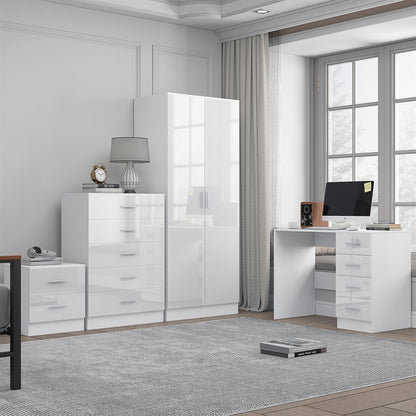 REFLECT Gloss 4pc Bedroom Set - 2 Door Wardrobe + 5 Draw Chest + Bedside + Desk