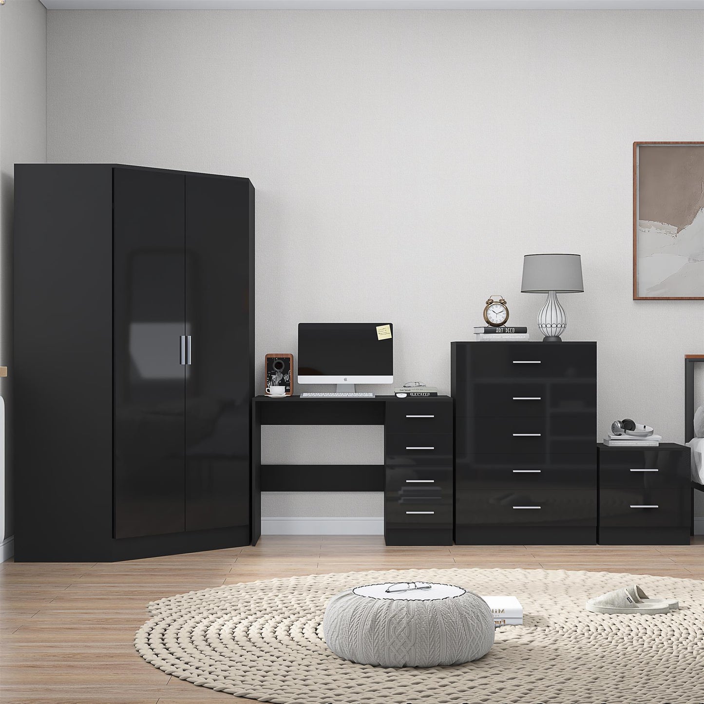 Reflect 2 Door Corner Wardrobe, 5 Drawer Chest, 2 Drawer Bedside & Desk - Black Gloss & Black Oak - Bedroom Furniture Set