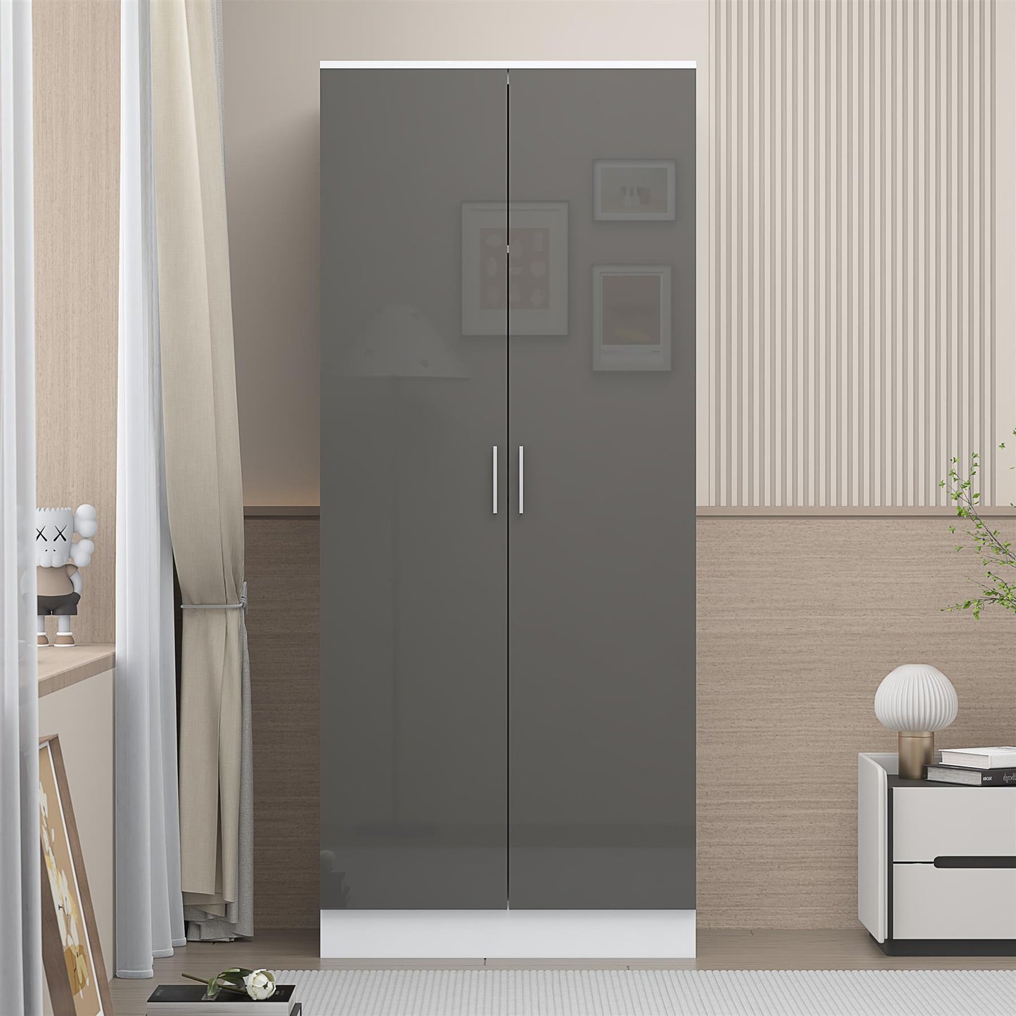 Reflect 2 Door Plain Wardrobe - Grey Gloss & Matt White - Hanging Rails & Shelves - Modern Sleek Design