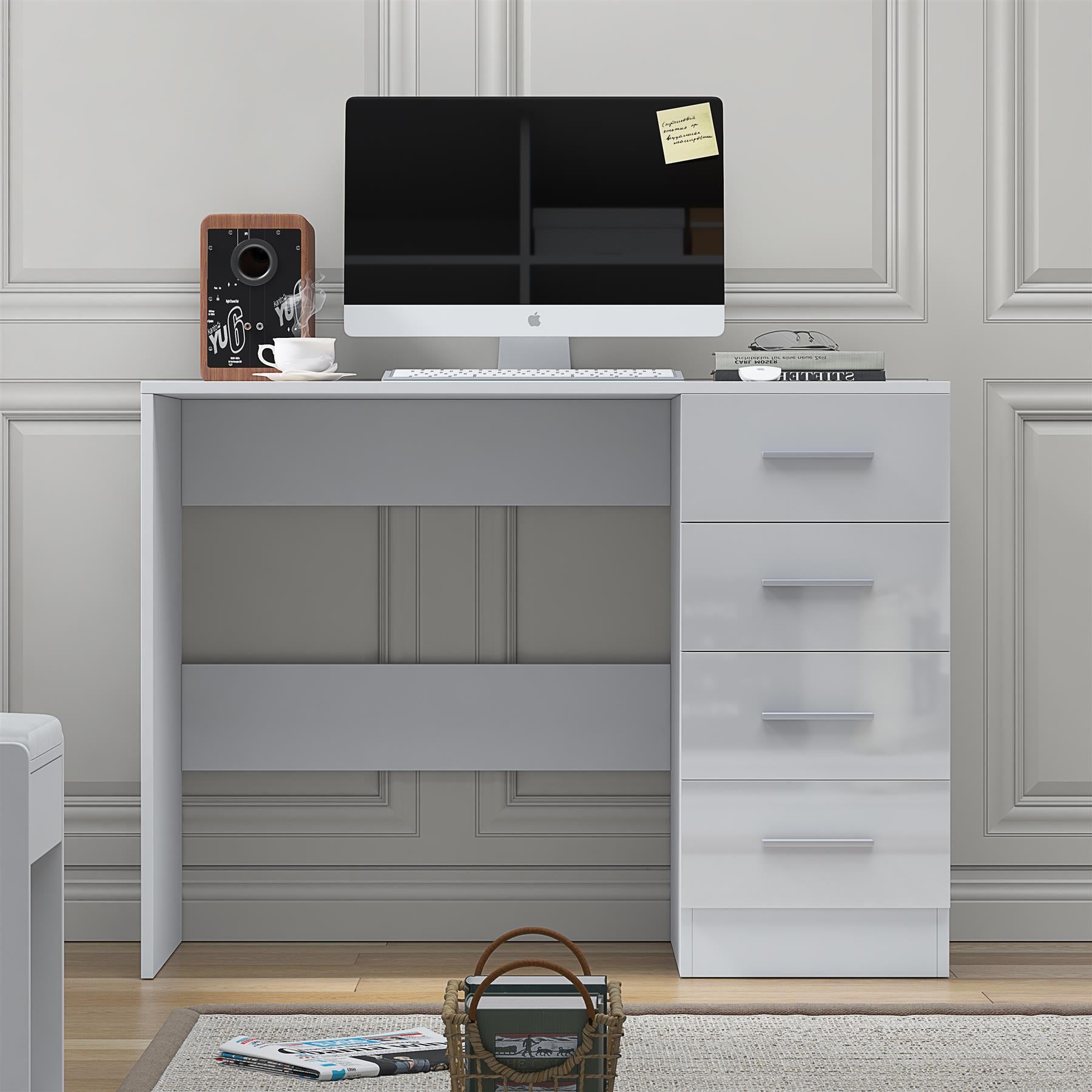 Reflect 4 Drawer Desk - White Gloss & Matt White - Modern Bedroom Storage for Vanity, Work or Study