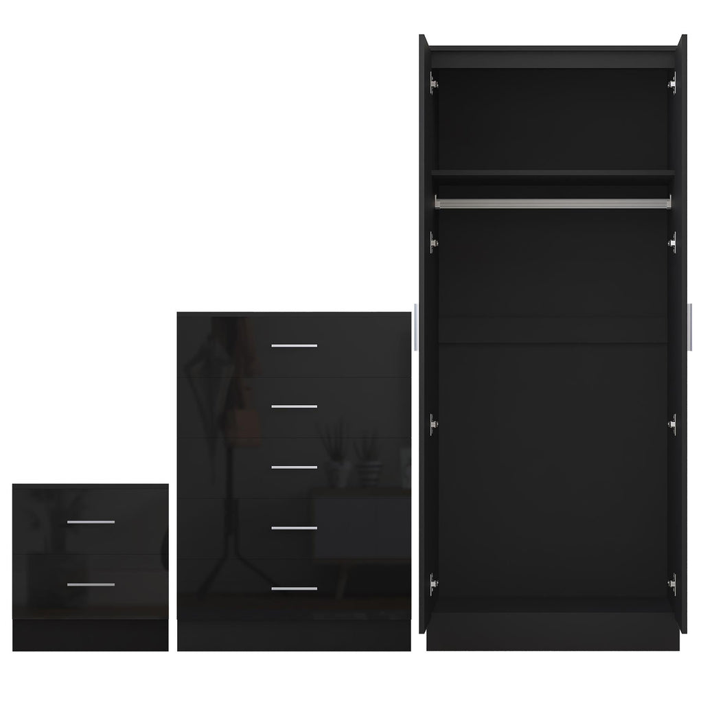 REFLECT Gloss 3pc Set - 2 Door Mirrored Wardrobe + 5 Draw Chest + Bedside