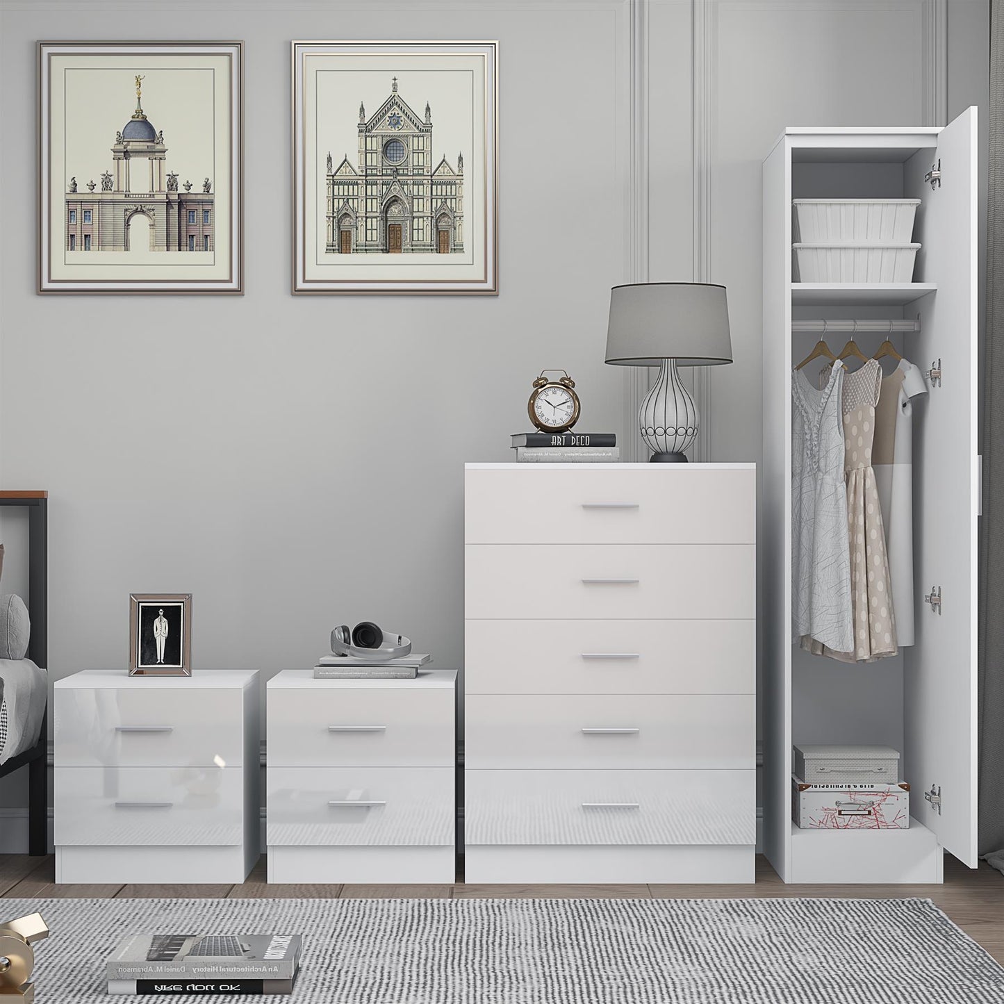 REFLECT Gloss 4pc Bedroom Set - 1 Door Wardrobe + 5 Draw Chest + 2 Bedsides