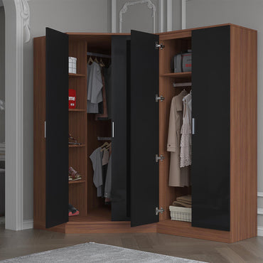 Reflect 2pc Wardrobe Bundle - 2 Door Corner + 2 Door Plain - Black Gloss & Walnut