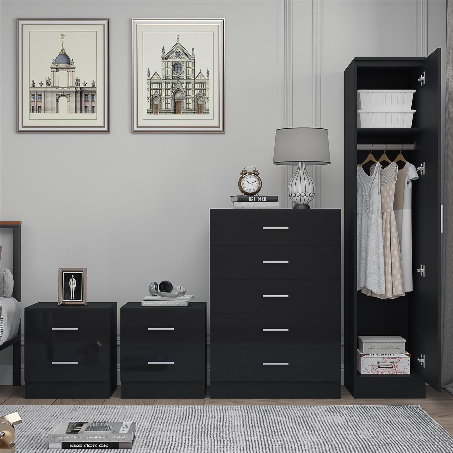Reflect 1 Door Plain Wardrobe, 5 Drawer Chest, 2x 2 Drawer Bedsides - Black Gloss & Black Oak - Modern Bedroom Furniture Set