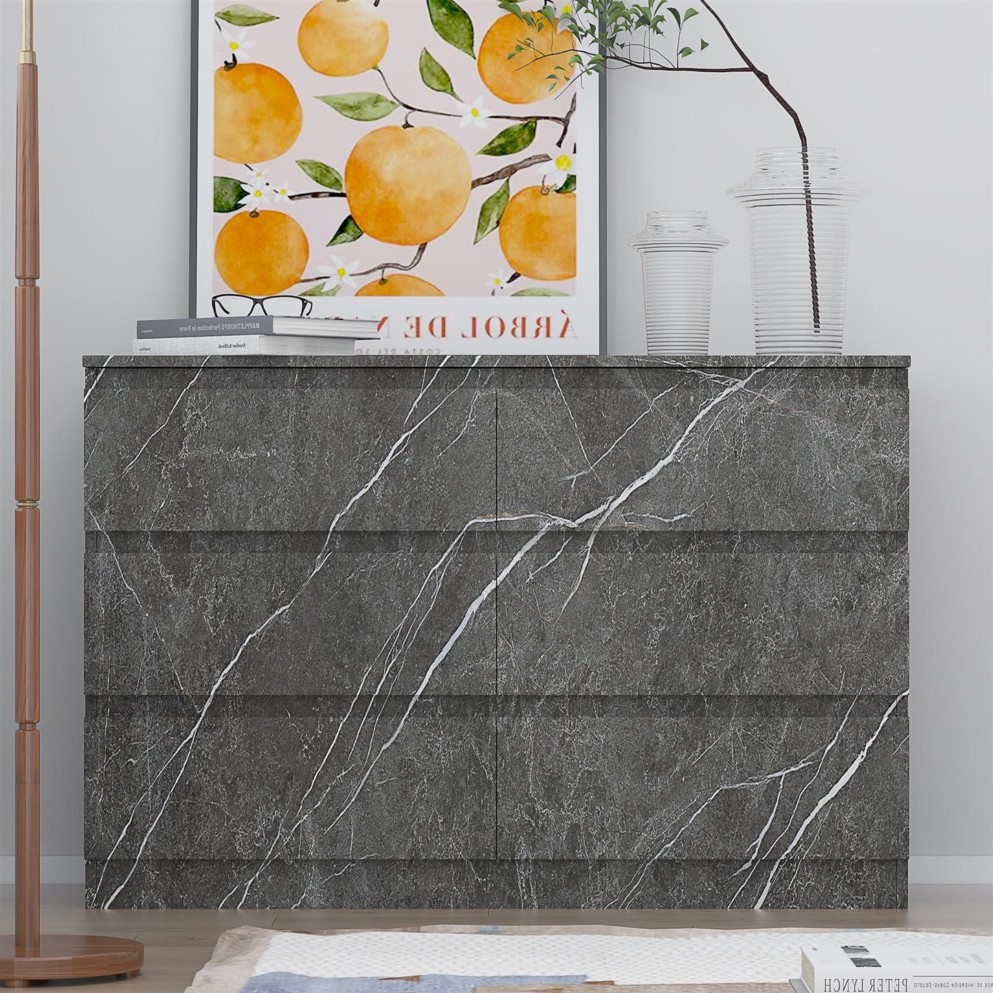 ZITA Grey Marble Effect 6 Drawer Chest - Wide Storage Unit, Stylish Bedroom Storage