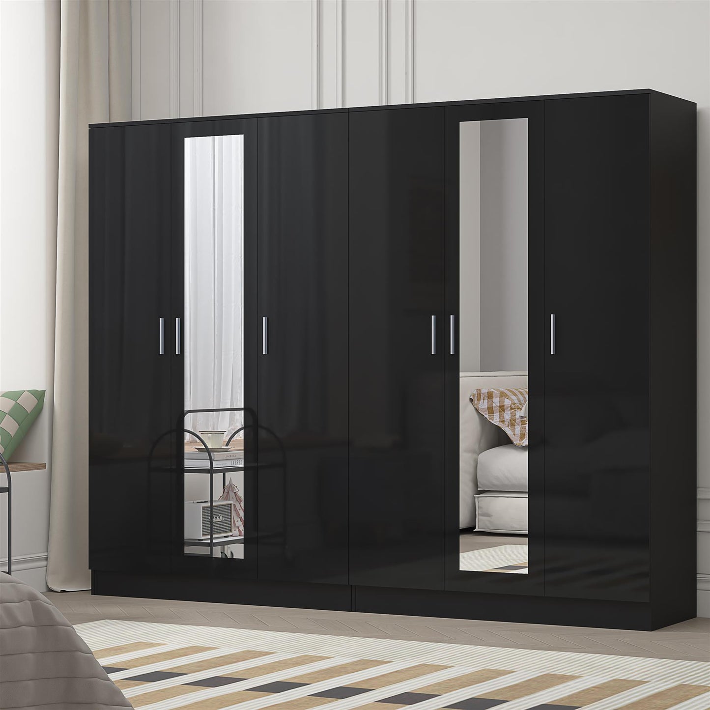 Reflect 2pc Wardrobe Bundle - 3 Door Mirror + 3 Door Mirror - Black Gloss & Black Oak