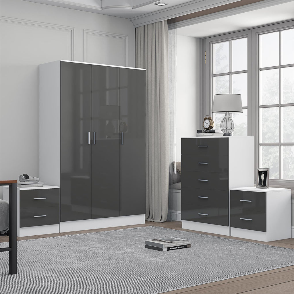 REFLECT Gloss 4pc Bedroom Set - 3 Door Wardrobe + 5 Draw Chest + 2 Bedsides