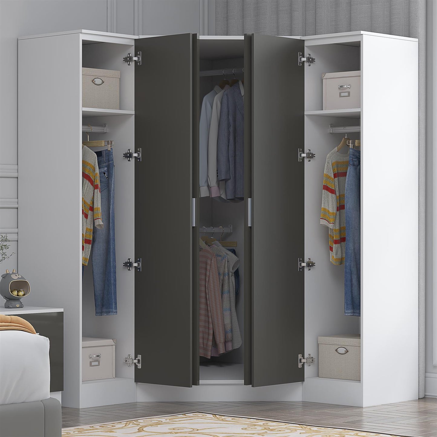 Reflect 3pc Wardrobe Bundle - 2 Door Corner + 2x 1 Door Plain - Grey Gloss & Matt White