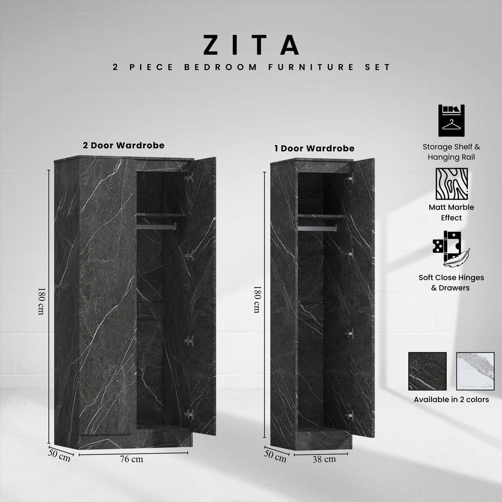 ZITA Grey Marble Effect 2 Piece Wardrobe Set - 2 Door and 1 Door, Spacious Bedroom Storage Solutions