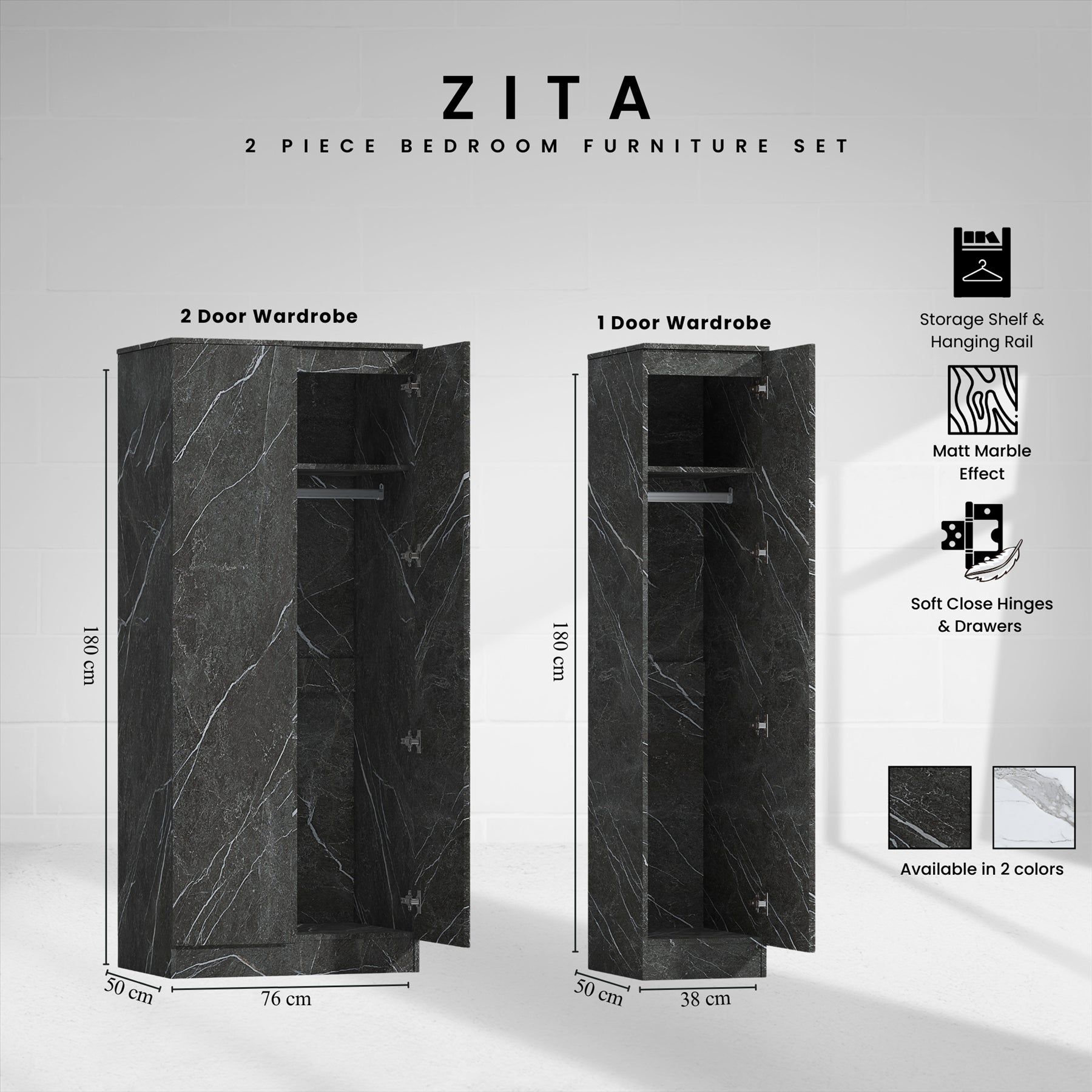 ZITA Grey Marble Effect 2 Piece Wardrobe Set - 2 Door and 1 Door, Spacious Bedroom Storage Solutions