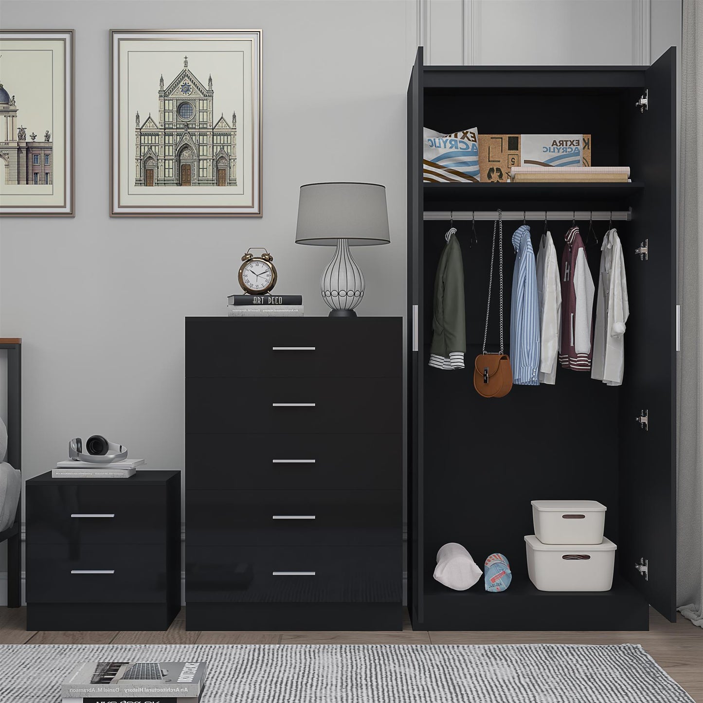Reflect 2 Door Plain Wardrobe, 5 Drawer Chest, 2 Drawer Bedside - Black Gloss & Black Oak - Modern Bedroom Furniture Set