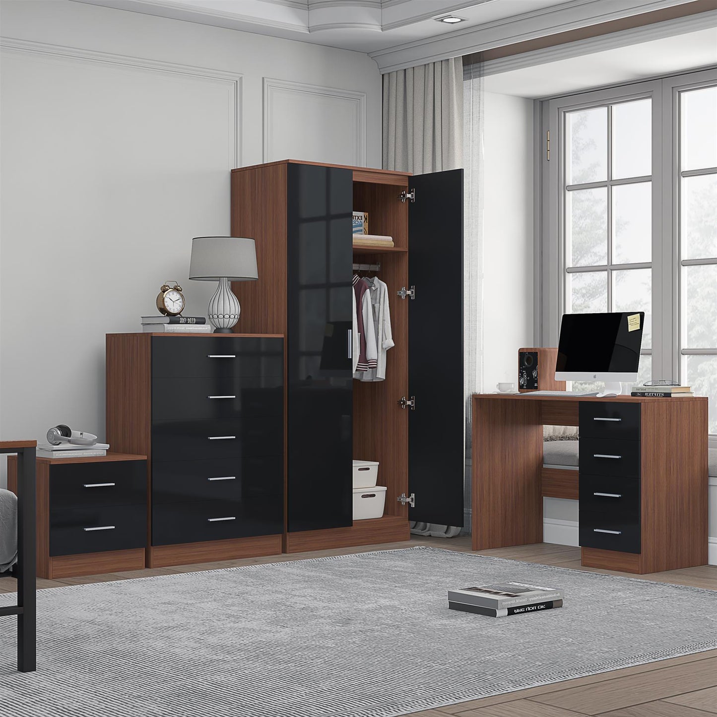 REFLECT Gloss 4pc Bedroom Set - 2 Door Wardrobe + 5 Draw Chest + Bedside + Desk