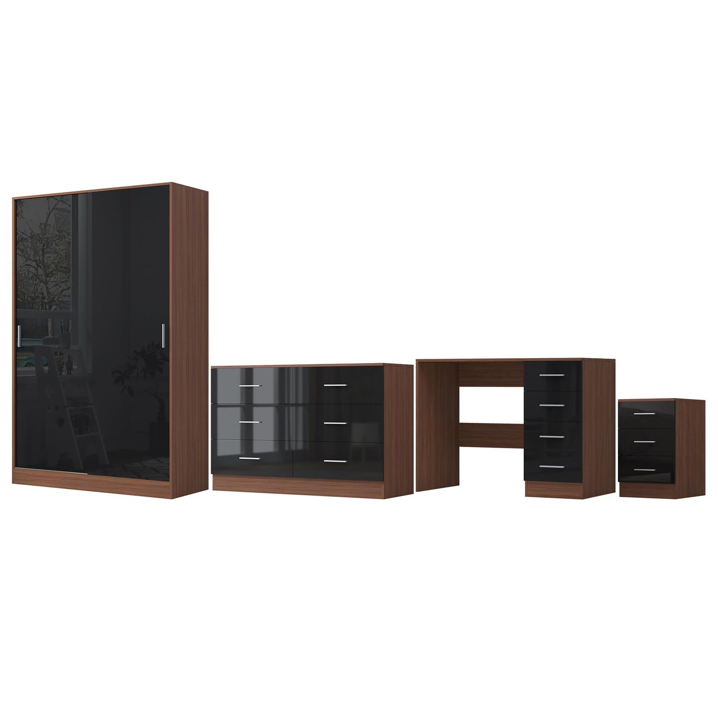 REFLECT Gloss 4pc Set - 2 Door Sliding Wardrobe + Wide Chest + Bedside + Desk