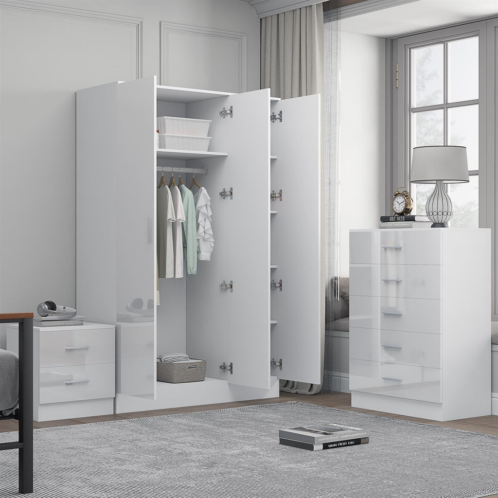 REFLECT Gloss 3pc Set - 3 Door Mirrored Wardrobe + 5 Draw Chest + Bedside