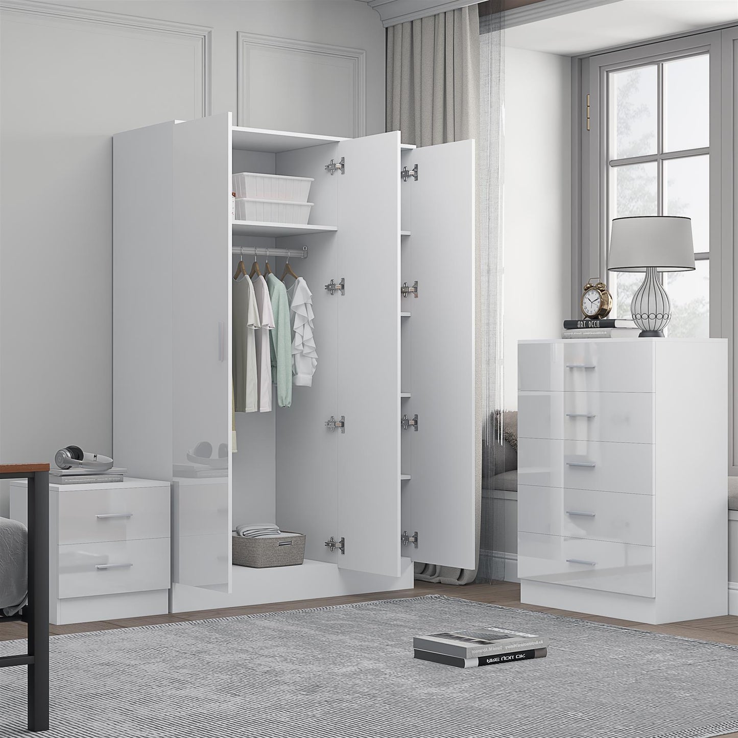 REFLECT Gloss 3pc Set - 3 Door Mirrored Wardrobe + 5 Draw Chest + Bedside