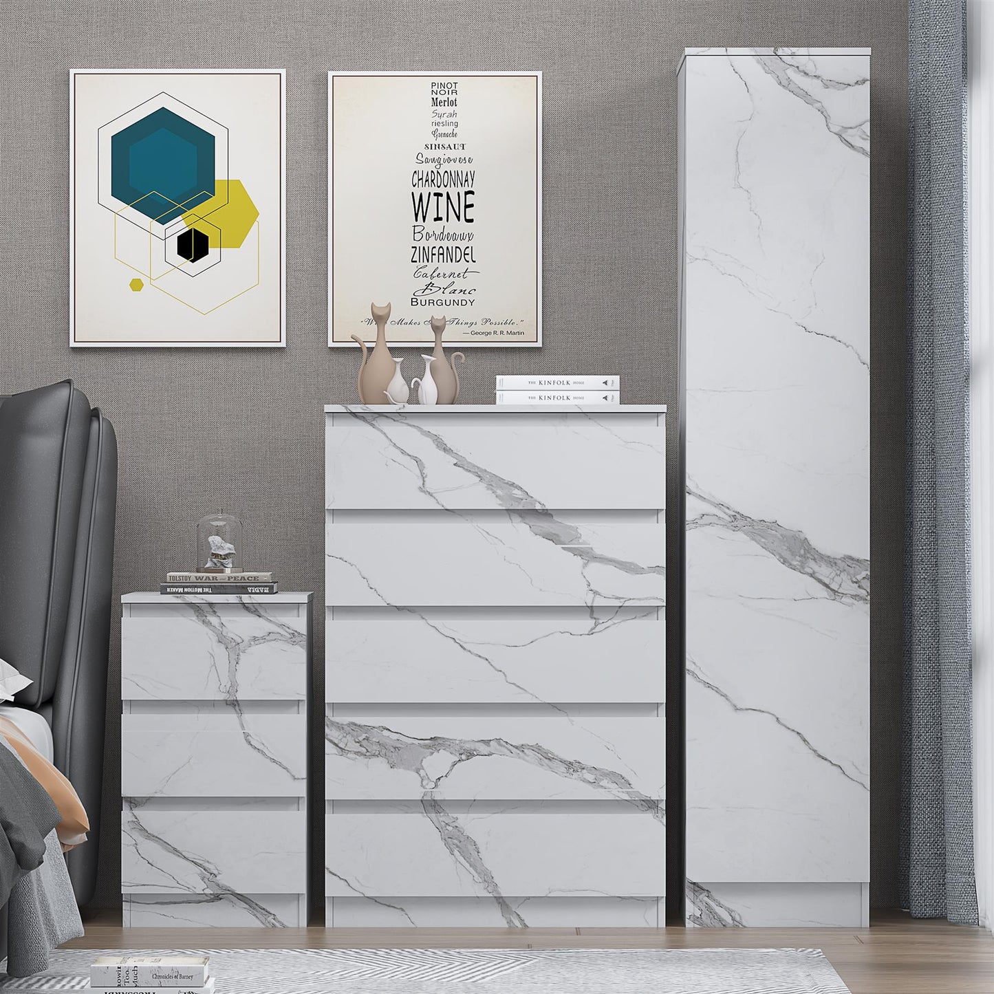 ZITA 3pc Set - 1 Door Wardrobe + Tall Chest + Bedside in White OR Grey Marble