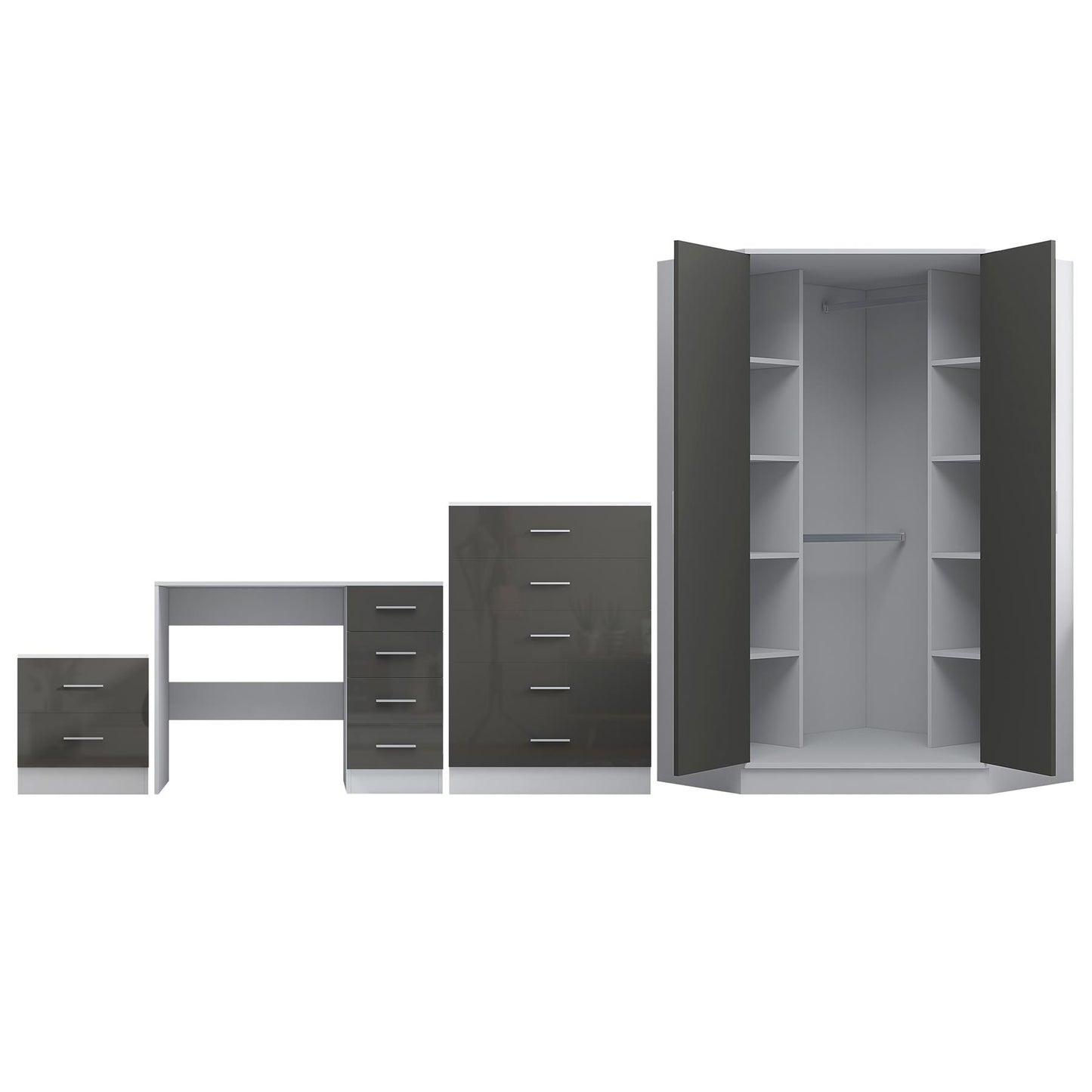 REFLECT Gloss 4pc Set - 2 Door Corner Wardrobe + 5 Draw Chest + Bedside + Desk
