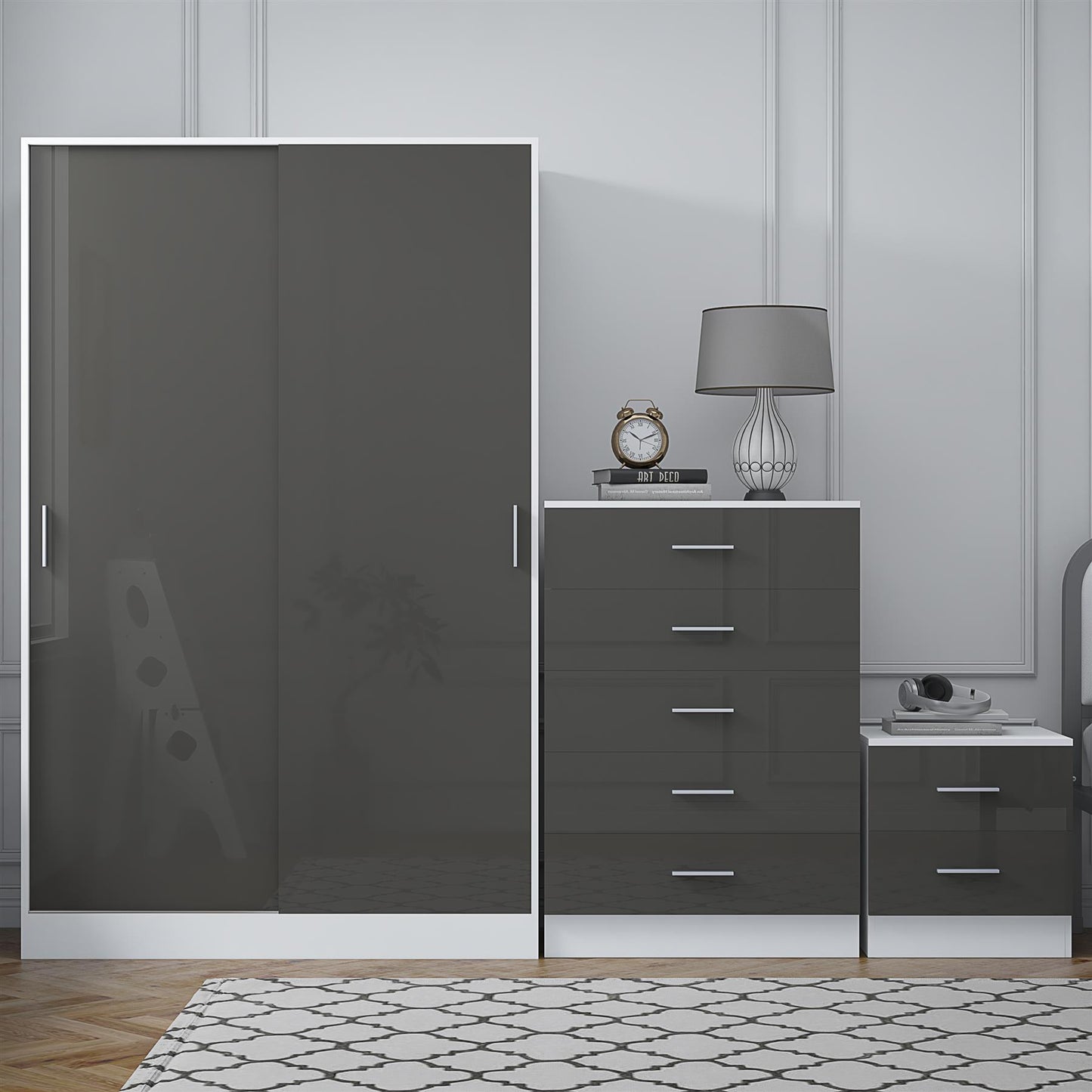 REFLECT Gloss 3pc Set - 2 Door Sliding Wardrobe + 5 Draw Chest + Bedside