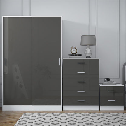 REFLECT Gloss 3pc Set - 2 Door Sliding Wardrobe + 5 Draw Chest + Bedside