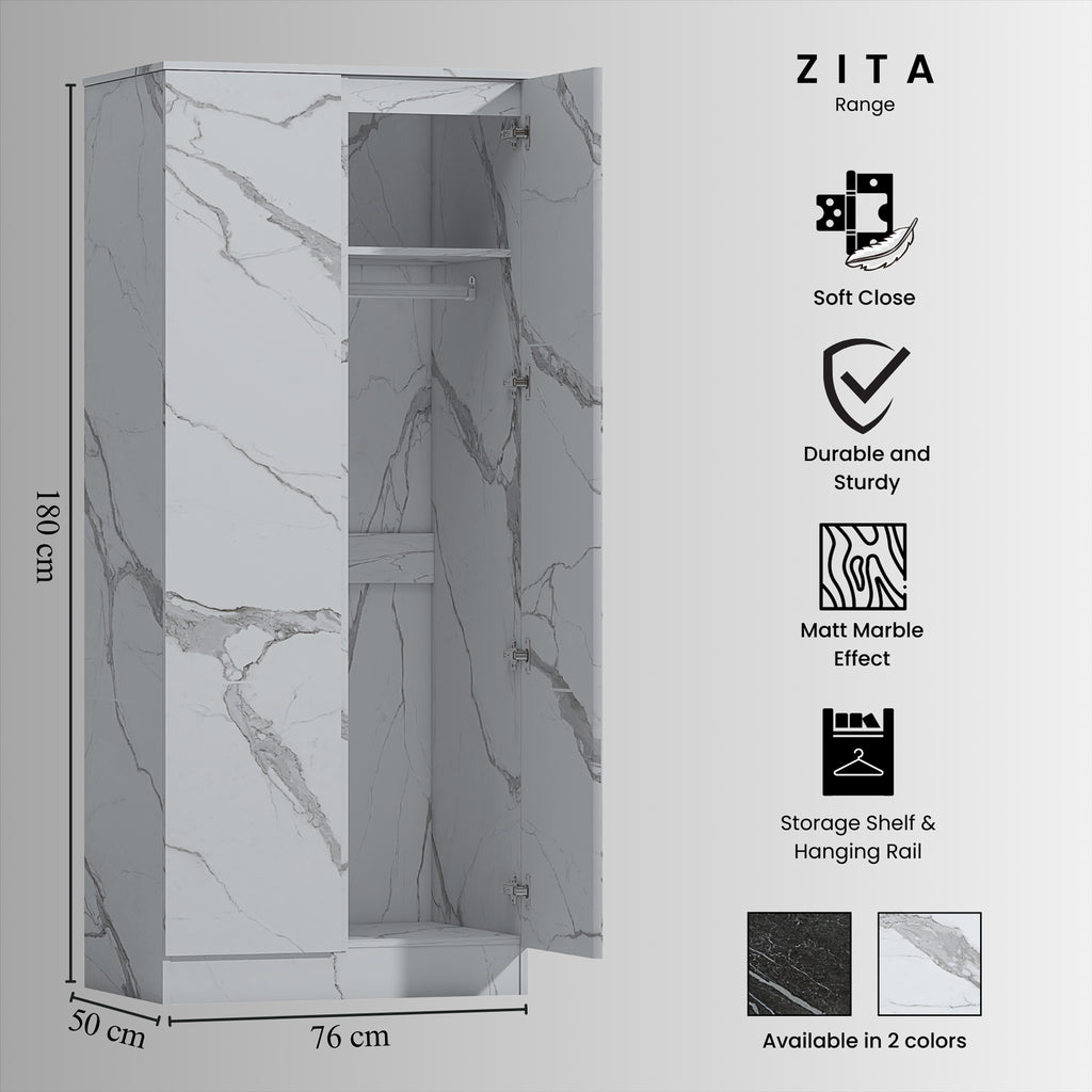 ZITA Bedroom Furniture Range Wardrobe Chest Bedside in White Marble Effect