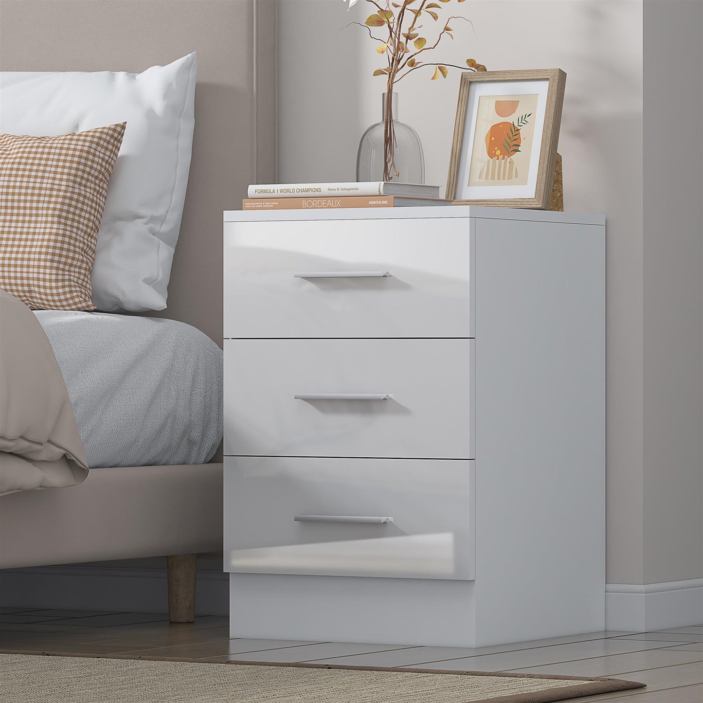 Reflect 3 Drawer Bedside - White Gloss & Matt White - Modern Nightstand for Bedroom Storage