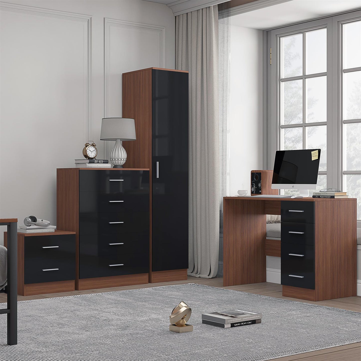 REFLECT Gloss 4pc Bedroom Set - 1 Door Wardrobe + 5 Draw Chest + Bedside + Desk