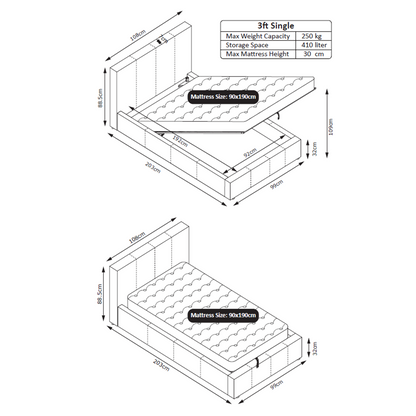 LUNA 3FT Single Black Ottoman Storage Bed with Gas Lift Up & Memory Foam & Spring Mattress