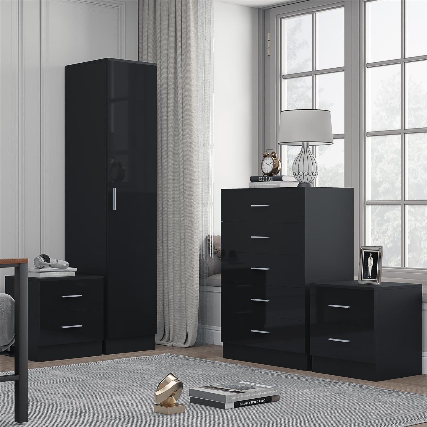 REFLECT Gloss 4pc Bedroom Set - 1 Door Wardrobe + 5 Draw Chest + 2 Bedsides