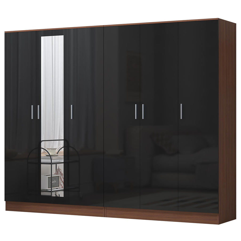 REFLECT - 3 Door MIRROR + 3 Door PLAIN Wardrobe - Gloss Black / Matt Walnut