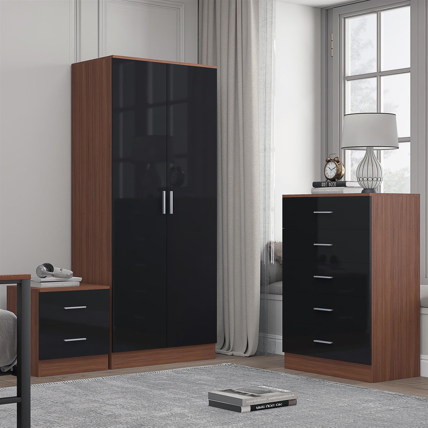 REFLECT Gloss 3pc Bedroom Set - 2 Door Wardrobe + 5 Draw Chest + Bedside