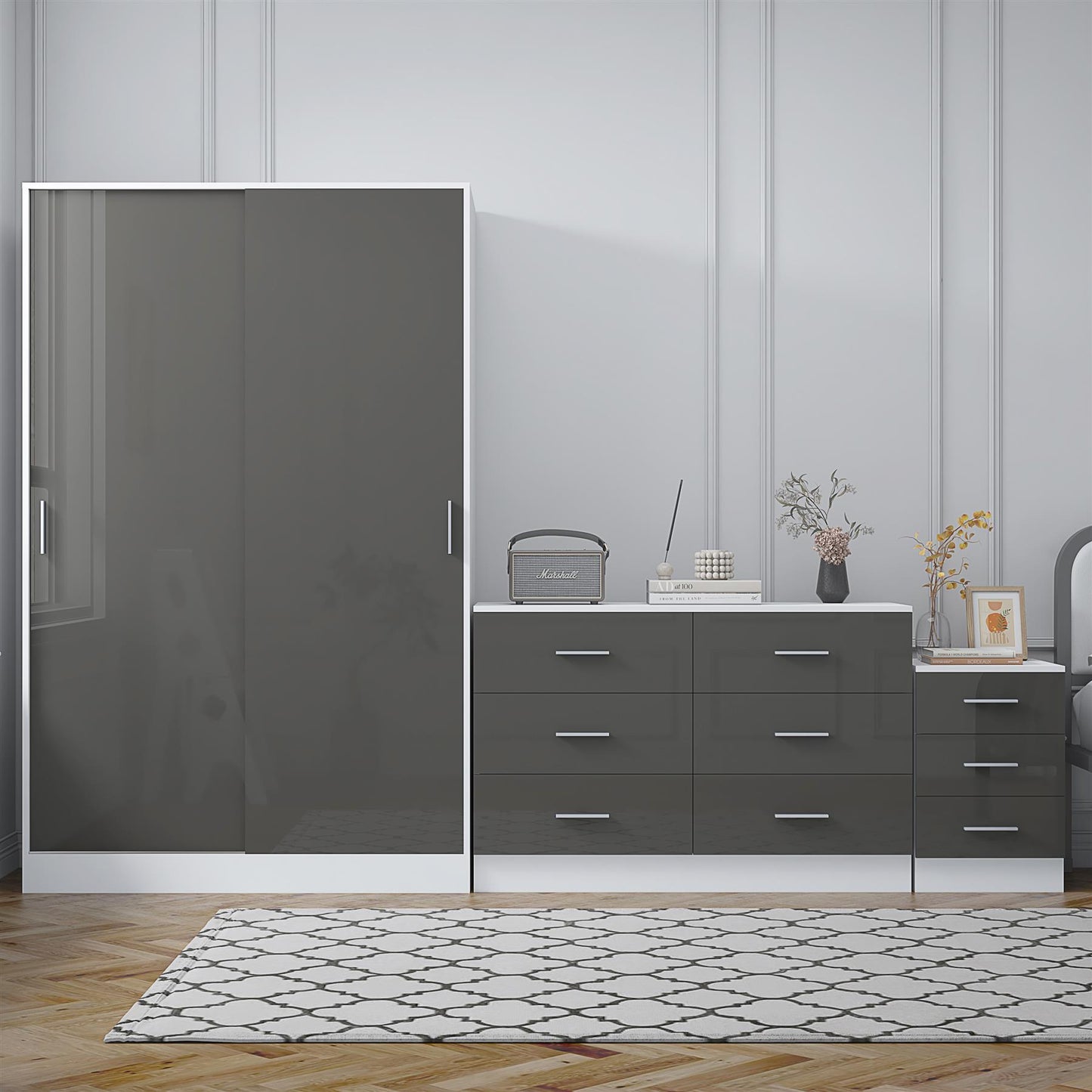 REFLECT Gloss 3pc Set - 2 Door Sliding Wardrobe + Wide Chest + Tall Bedside