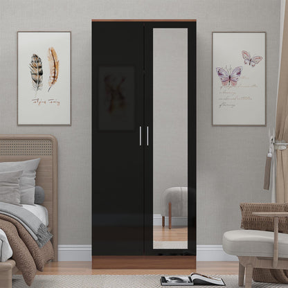 Reflect 2 Door Mirrored Wardrobe - Black Gloss & Walnut - Hanging Rails & Shelves - Modern Sleek Design