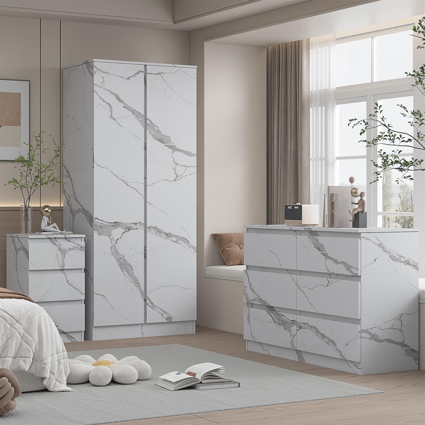 ZITA White Marble Effect 3 Piece Bedroom Set - 2 Door Wardrobe, 6 Drawer Chest & 3 Drawer Bedside, Stylish Bedroom Storage