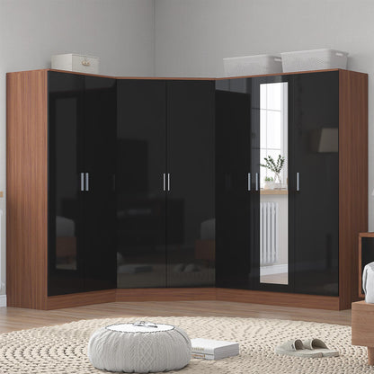 Reflect 3pc Wardrobe Bundle - 2 Door Corner + 3 Door Mirror + 2 Door Plain - Black Gloss & Walnut