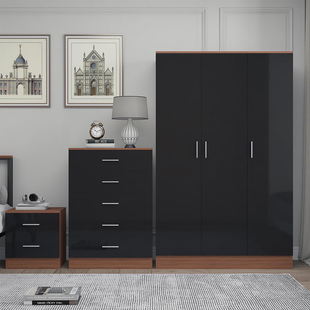 Reflect 3 Door Plain Wardrobe, 5 Drawer Chest, 2 Drawer Bedside - Black Gloss & Walnut - Modern Bedroom Furniture Set