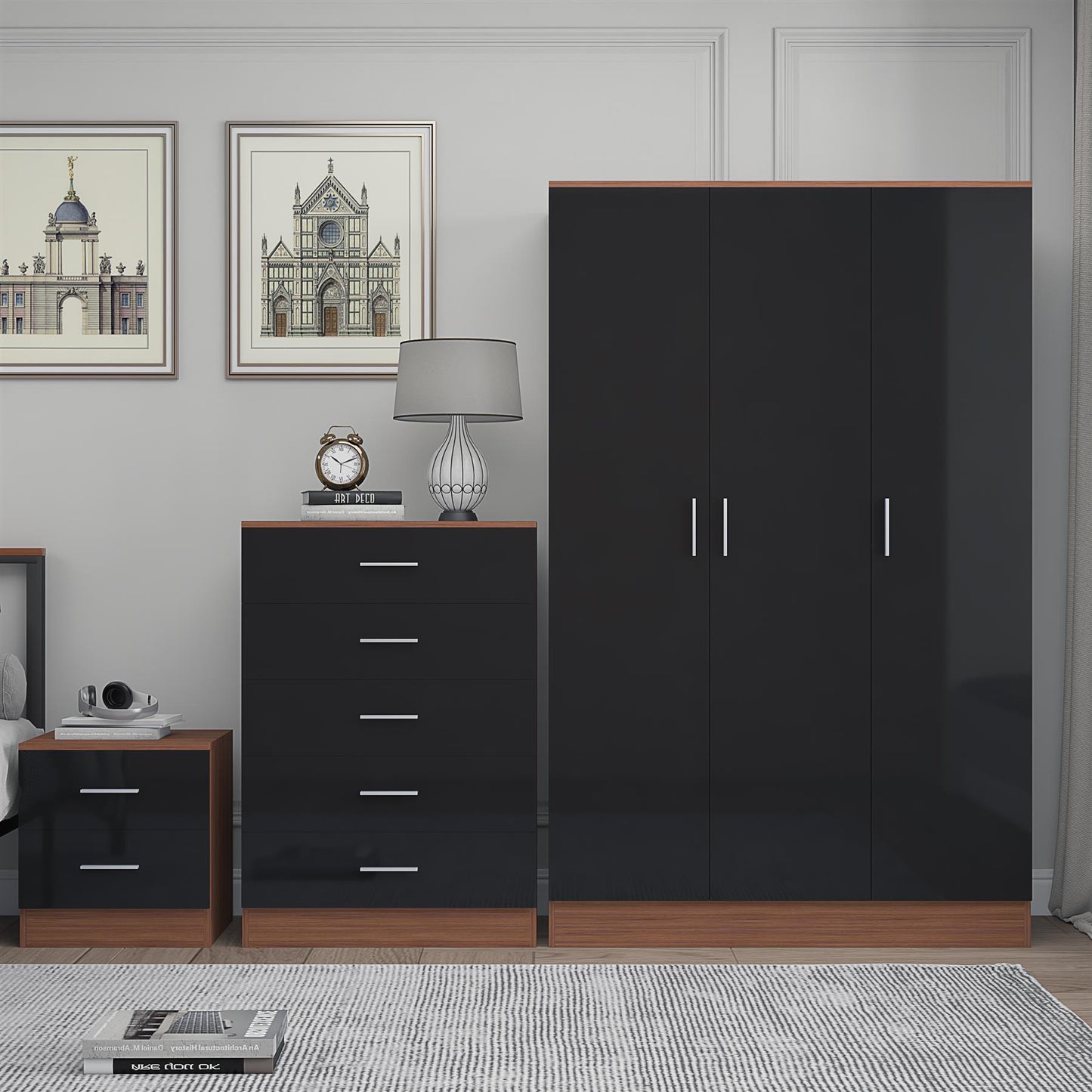 Reflect 3 Door Plain Wardrobe, 5 Drawer Chest, 2 Drawer Bedside - Black Gloss & Walnut - Modern Bedroom Furniture Set