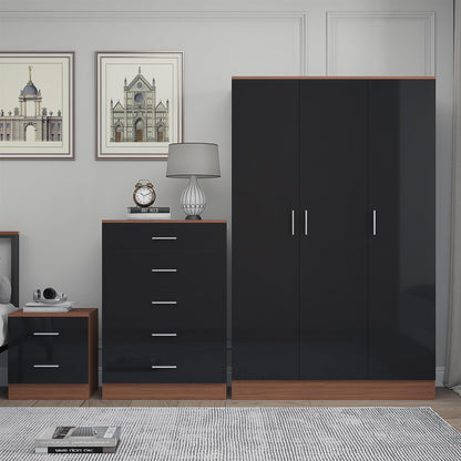 Reflect 3 Door Plain Wardrobe, 5 Drawer Chest, 2 Drawer Bedside - Black Gloss & Walnut - Modern Bedroom Furniture Set