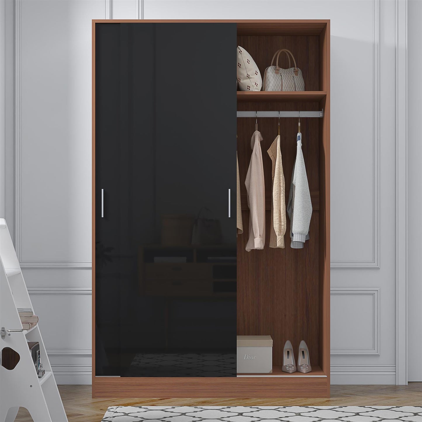 Reflect 2 Door Sliding Wardrobe - Black Gloss & Walnut - Hanging Rails & Shelves - Modern Design