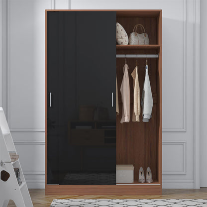 Reflect 2 Door Sliding Wardrobe - Black Gloss & Walnut - Hanging Rails & Shelves - Modern Design