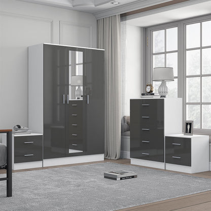 REFLECT Gloss 4pc Set - 3 Door Mirrored Wardrobe + 5 Draw Chest + 2 Bedsides