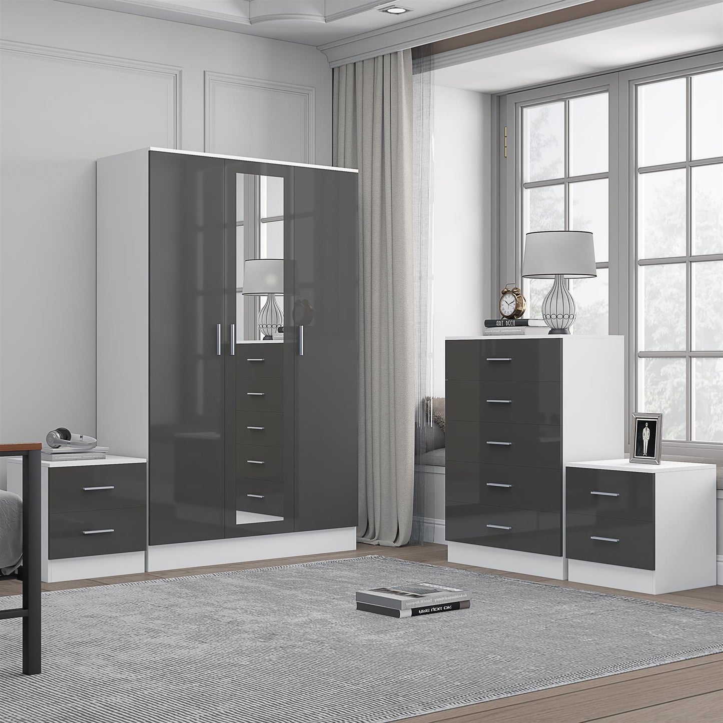 Reflect 3 Door Mirror Wardrobe, 5 Drawer Chest, 2x 2 Drawer Bedsides - Grey Gloss & Matt White - Modern Bedroom Furniture Set