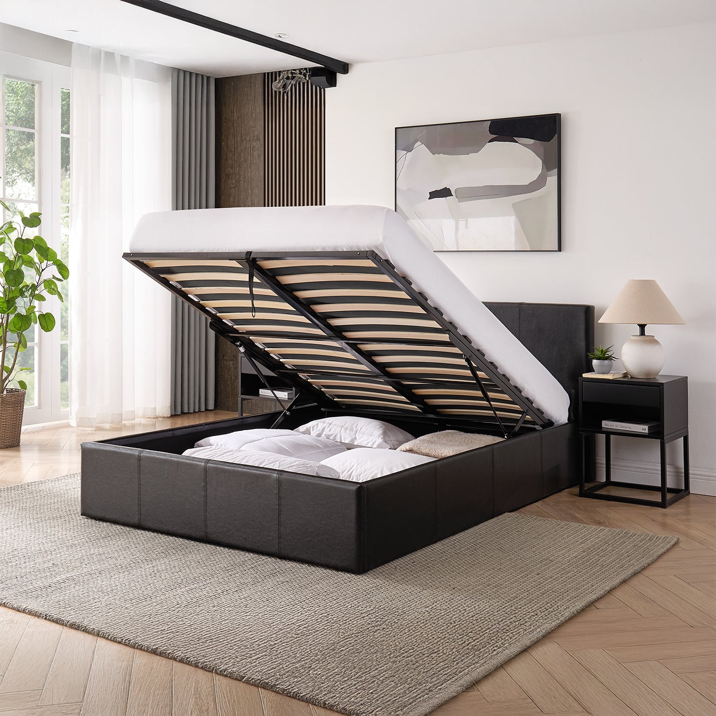 LUNA 4FT6 Double Faux Leather Ottoman Storage Bed-Mattress & Colour Options