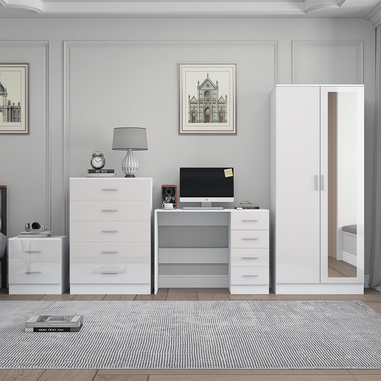 REFLECT Gloss 4pc Set - 2 Door Mirrored Wardrobe + 5 Draw Chest + Bedside + Desk