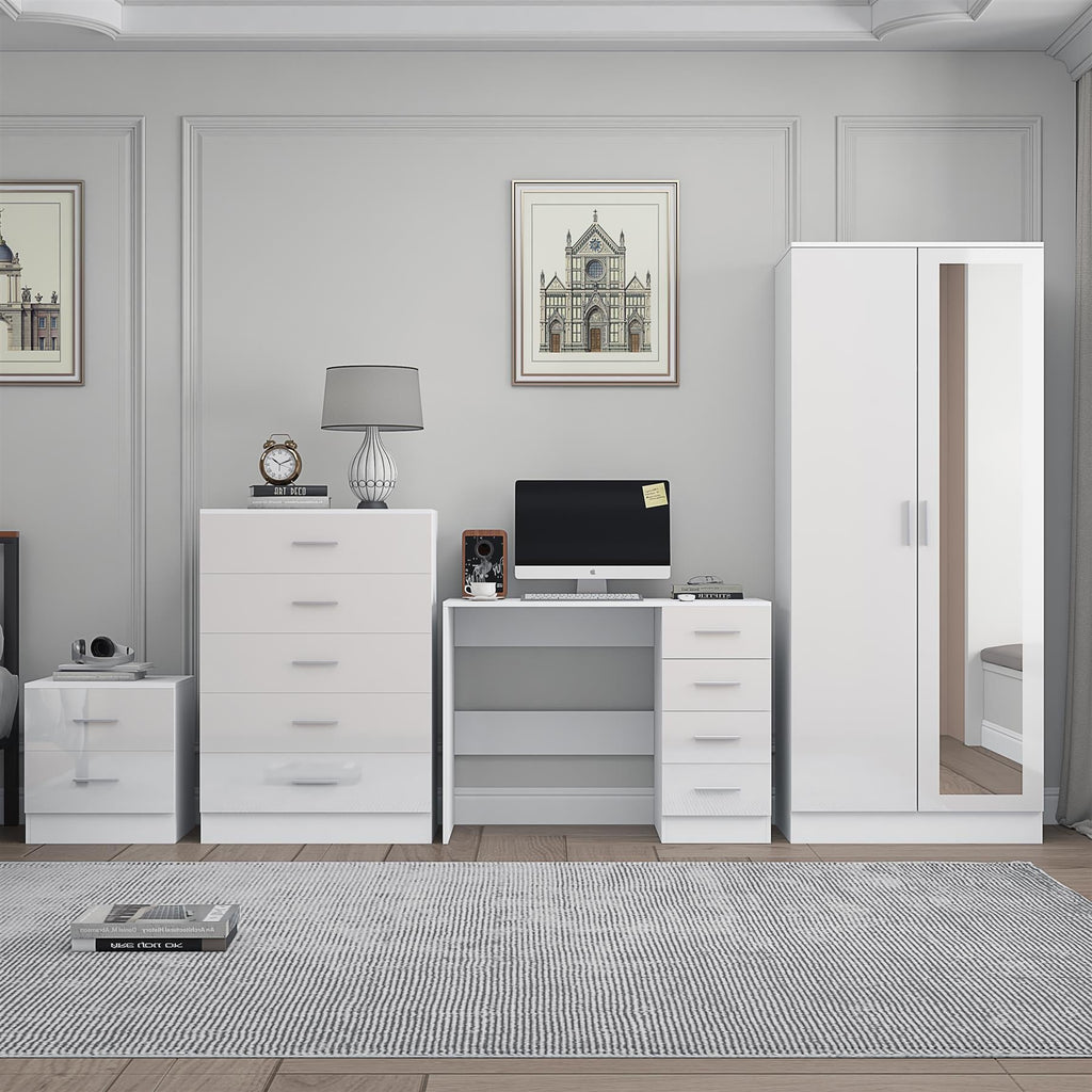 Reflect 2 Door Mirror Wardrobe, 5 Drawer Chest, 2 Drawer Bedside & Desk - White Gloss & Matt White - Modern Bedroom Furniture Set
