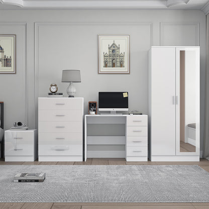 Reflect 2 Door Mirror Wardrobe, 5 Drawer Chest, 2 Drawer Bedside & Desk - White Gloss & Matt White - Modern Bedroom Furniture Set