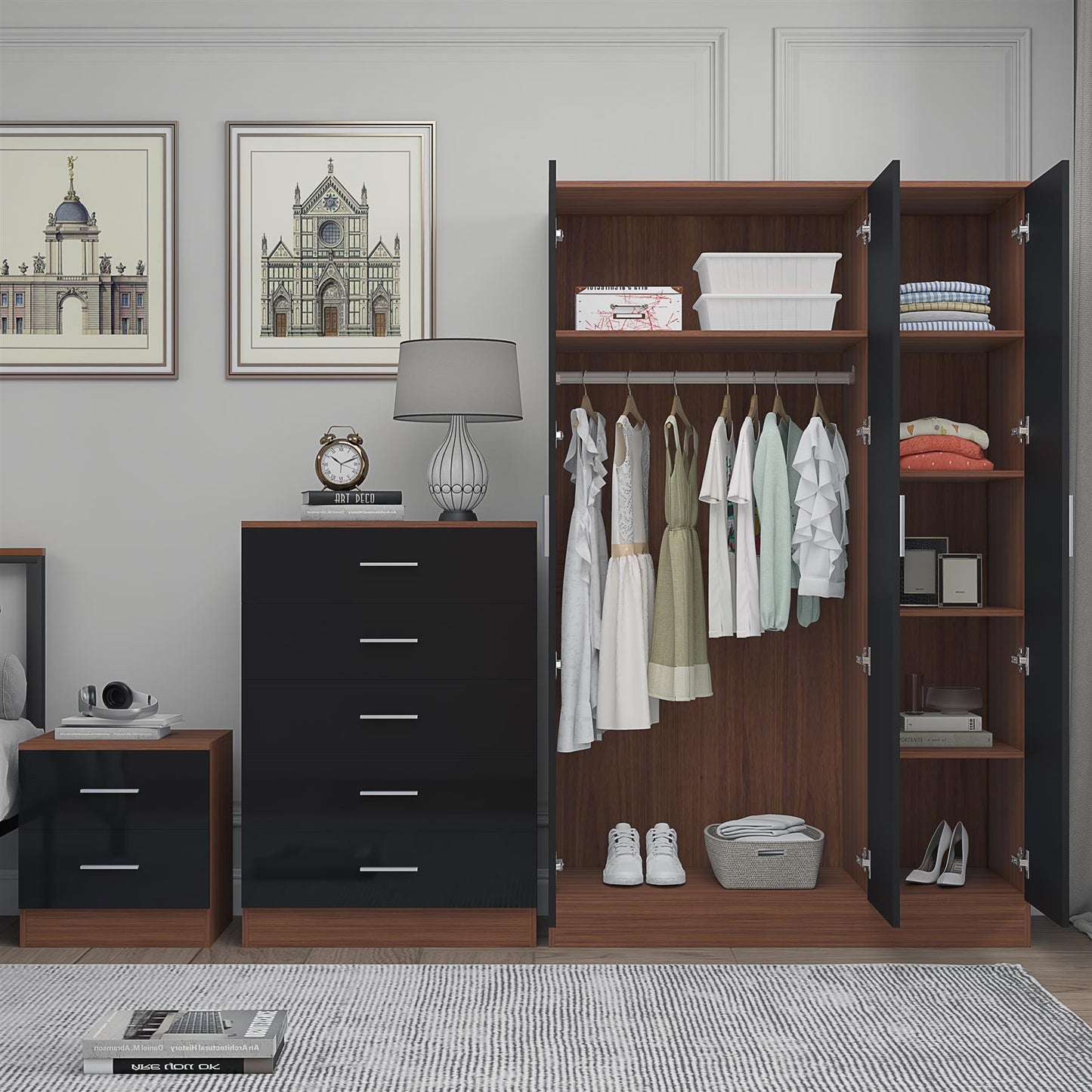 Reflect 3 Door Plain Wardrobe, 5 Drawer Chest, 2 Drawer Bedside - Black Gloss & Walnut - Modern Bedroom Furniture Set