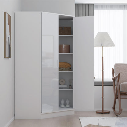 Reflect 2 Door Corner Wardrobe - White Gloss & Matt White - 2 Hanging Rails & 8 Shelves - Modern Design