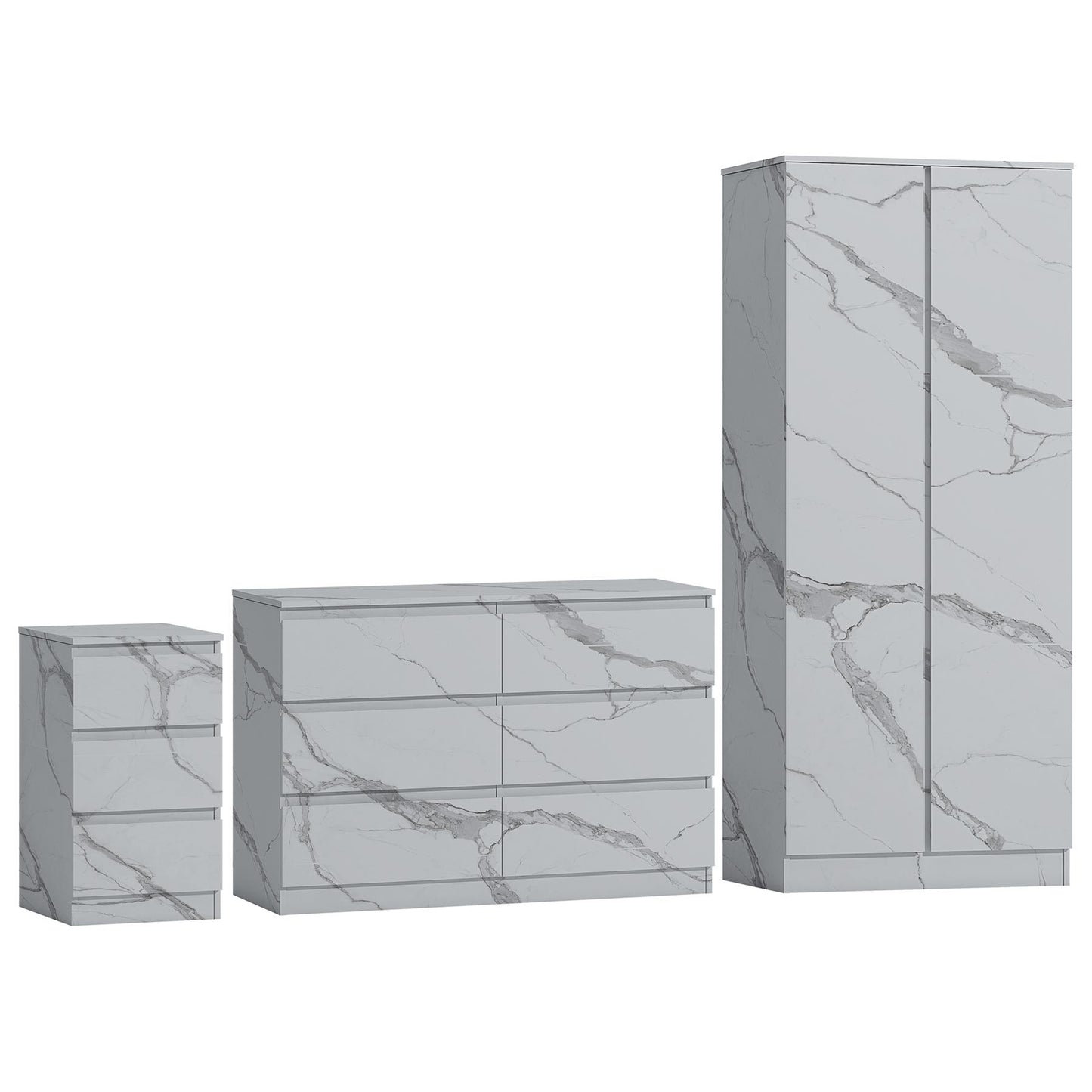 ZITA 3pc Set - 2 Door Wardrobe + Wide Chest + Bedside in White OR Grey Marble